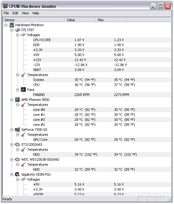 HWMonitor zeigt Temperatur und SPannung an.